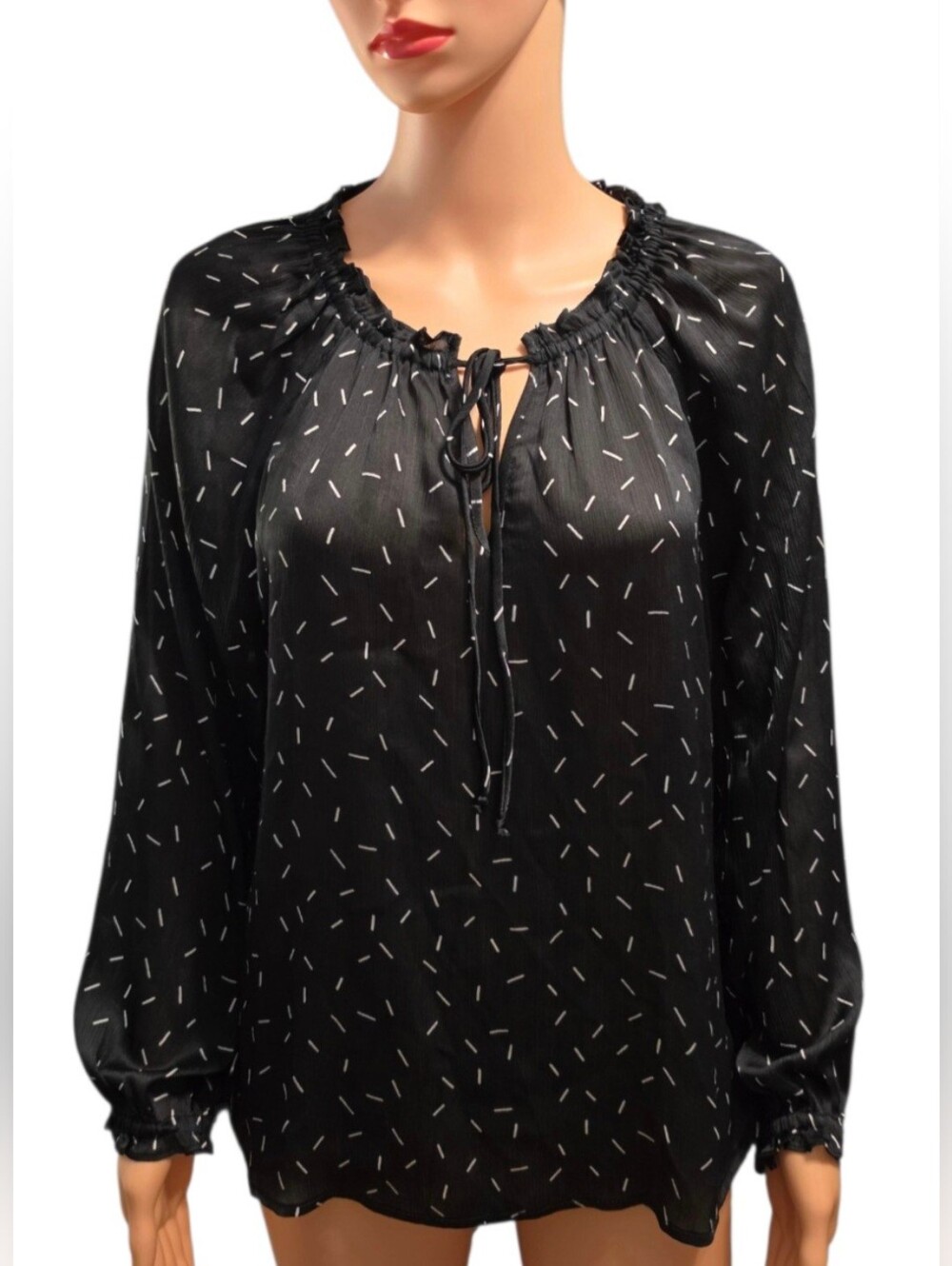 Grade & Gather Boho-Chic Dash-Print Cottagecore Semi-Sheer Peasant Blouse Sz M